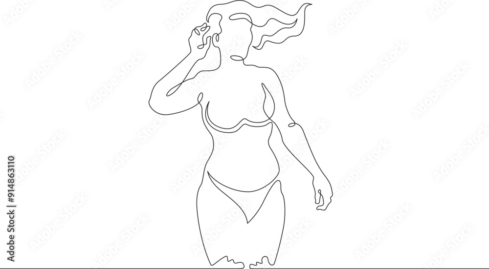 Fototapeta premium Beautiful woman standing in water. Girl in swimsuit entering sea. Vacation at resort.One continuous line. Line art. Minimum one line. White background. One line drawing.
