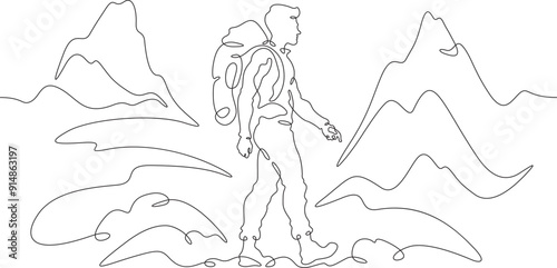 A tourist walks in the mountains. Travel. Mountain climbing .Tourist with a backpack.One continuous line. Line art. Minimum one line. White background. One line drawing.
