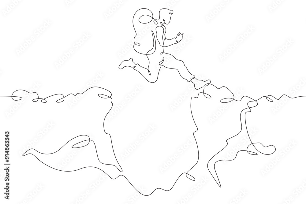 Tourist jumping over the abyss. Jump in the mountains. Mountain climbing .Tourist with a backpack.One continuous line. Line art. Minimum one line. White background. One line drawing. Tourist jumping over the abyss. Jump in the mountains. Mountain climbing .Tourist with a backpack.One continuous line. Line art. Minimum one line. White background. One line drawing.