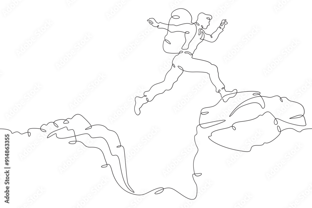 Tourist jumping over the abyss. Jump in the mountains. Mountain climbing .Tourist with a backpack.One continuous line. Line art. Minimum one line. White background. One line drawing. Tourist jumping over the abyss. Jump in the mountains. Mountain climbing .Tourist with a backpack.One continuous line. Line art. Minimum one line. White background. One line drawing.