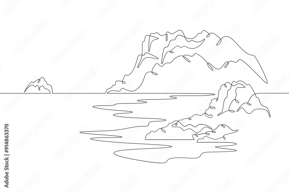 Fototapeta premium Mystical island. Mysterious seashore. Beautiful seascape.One continuous line. Line art. Minimum one line. White background. One line drawing.
