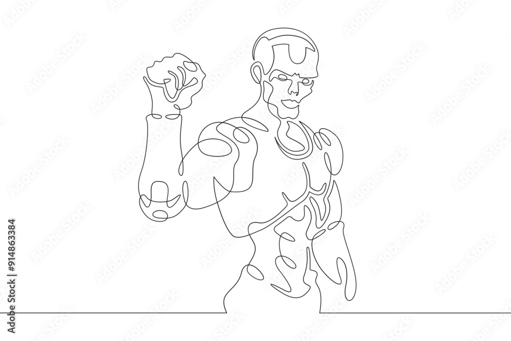 Robot with raised arm. Clenched fist of mechanical man. Robot android gesture of victory and fight. One continuous line. Line art. Minimum one line. White background. One line drawing. Robot with raised arm. Clenched fist of mechanical man. Robot android gesture of victory and fight. One continuous line. Line art. Minimum one line. White background. One line drawing.