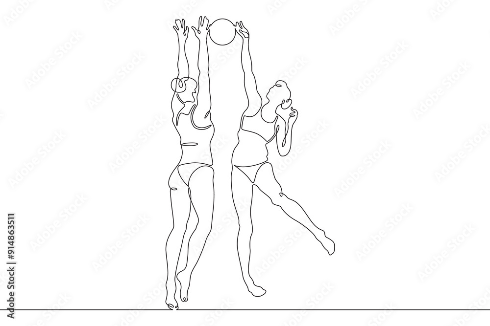 Women's beach volleyball. Women in swimsuits. Volleyball players block in a jump. Female athlete. One continuous line. Line art. Minimum one line. White background. One line drawing. Women's beach volleyball. Women in swimsuits. Volleyball players block in a jump. Female athlete. One continuous line. Line art. Minimum one line. White background. One line drawing.