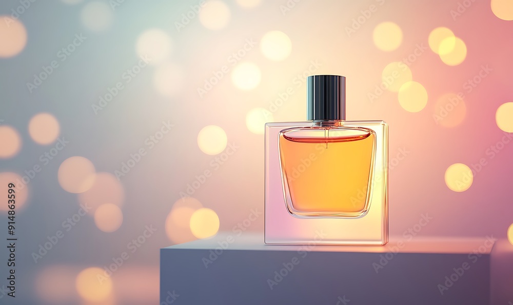 Perfume Bottle on a White Platform Against Bokeh Background Perfume Bottle on a White Platform Against Bokeh Background