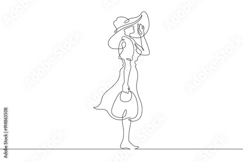 Woman on the beach in a big hat. Girl in a summer cape on the seashore.One continuous line. Line art. Minimum one line. White background. One line drawing.