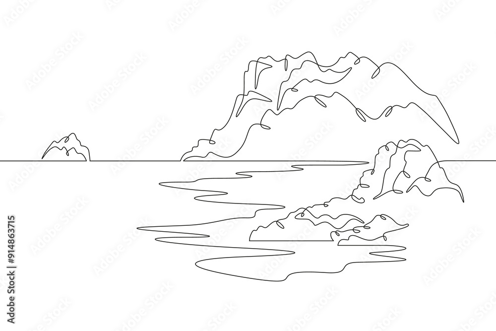 Obraz premium Mystical island. Mysterious seashore. Beautiful seascape.One continuous line. Line art. Minimum one line. White background. One line drawing.
