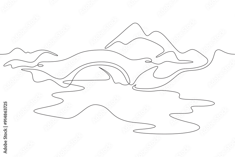 Old across the river. Crossing the lake. Stone bridge on the pond. Water landscape. One continuous line. Line art. Minimum one line. White background. One line drawing. Old across the river. Crossing the lake. Stone bridge on the pond. Water landscape. One continuous line. Line art. Minimum one line. White background. One line drawing.