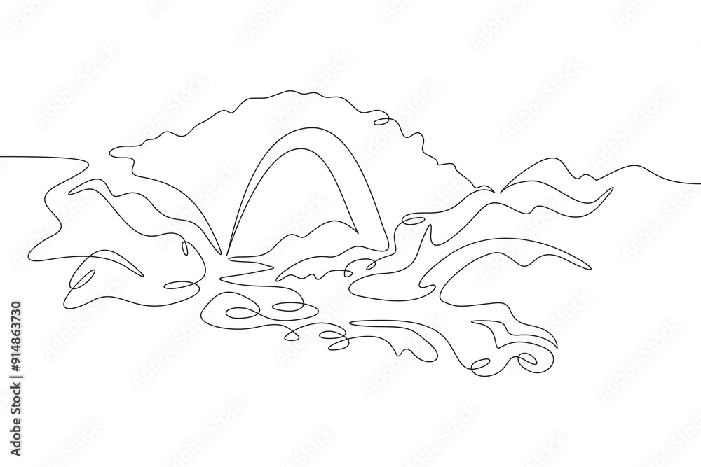 Old across the river. Crossing the lake. Stone bridge on the pond. Water landscape. One continuous line. Line art. Minimum one line. White background. One line drawing. Old across the river. Crossing the lake. Stone bridge on the pond. Water landscape. One continuous line. Line art. Minimum one line. White background. One line drawing.