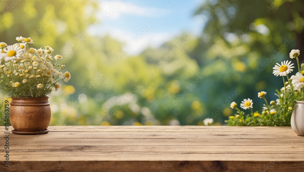 empty wooden table for product display with Chamomile garden background empty wooden table for product display with Chamomile garden background