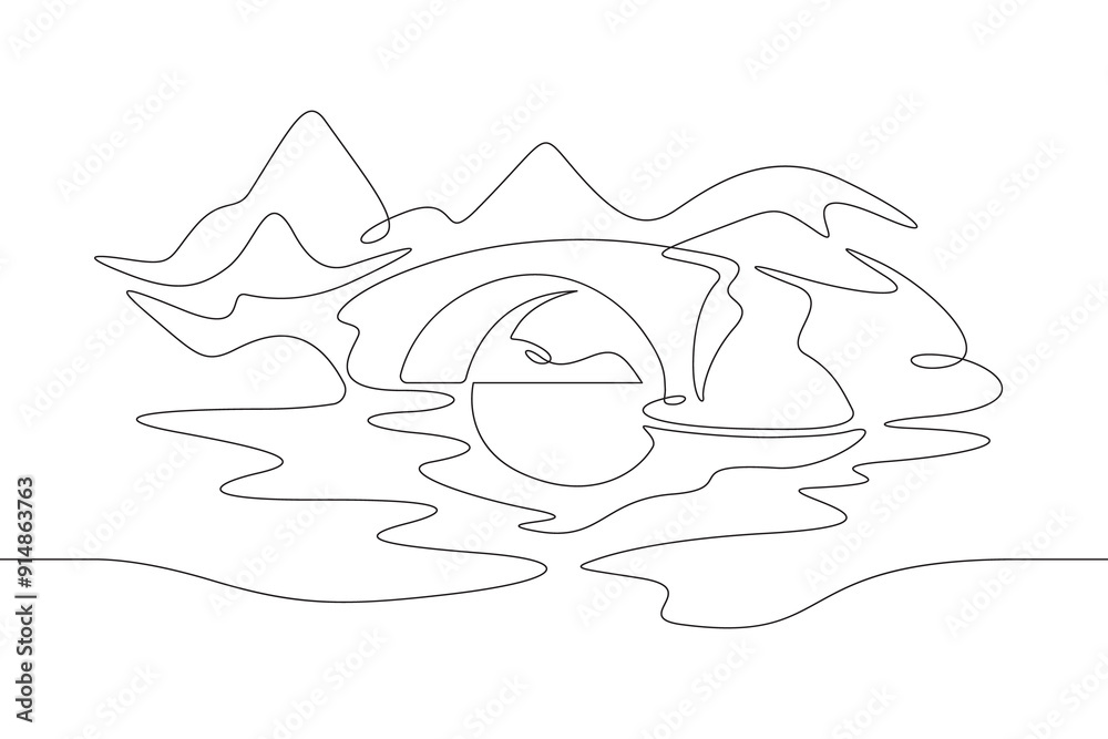 Old across the river. Crossing the lake. Stone bridge on the pond. Water landscape. One continuous line. Line art. Minimum one line. White background. One line drawing. Old across the river. Crossing the lake. Stone bridge on the pond. Water landscape. One continuous line. Line art. Minimum one line. White background. One line drawing.