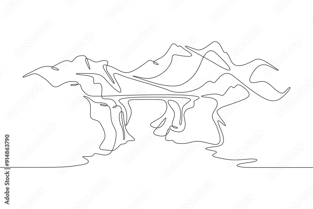 Old bridge over a mountain river. Wooden bridge in the mountains. Rocky mountain landscape. One continuous line. Line art. Minimum one line. White background. One line drawing. Old bridge over a mountain river. Wooden bridge in the mountains. Rocky mountain landscape. One continuous line. Line art. Minimum one line. White background. One line drawing.