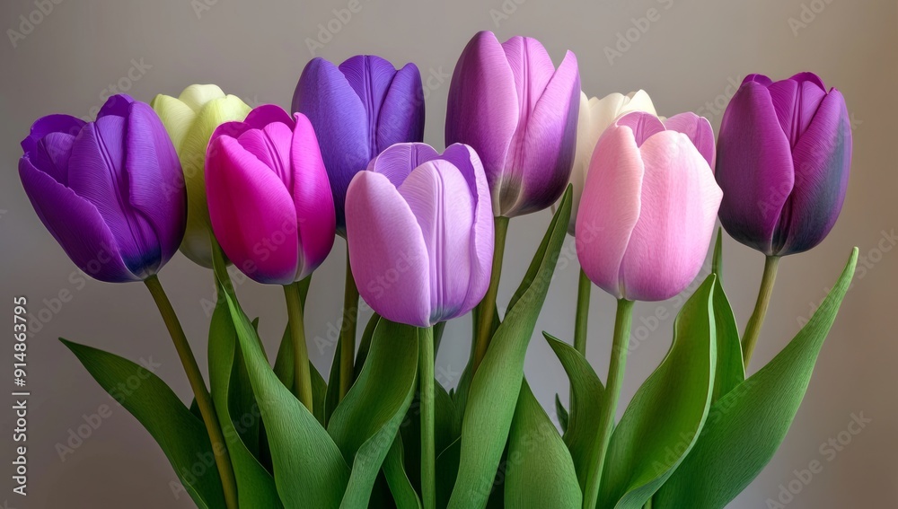 3D textured relief painting of colorful tulips on a gray background 3D textured relief painting of colorful tulips on a gray background