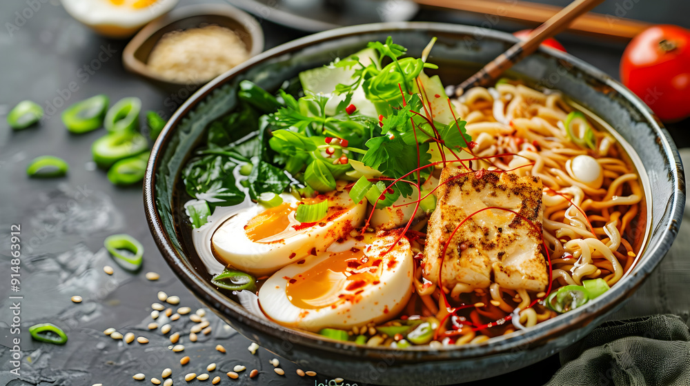 Delicious Ramen Bowl with Tofu, Eggs, and Green Onions - Realistic Food Image Delicious Ramen Bowl with Tofu, Eggs, and Green Onions - Realistic Food Image