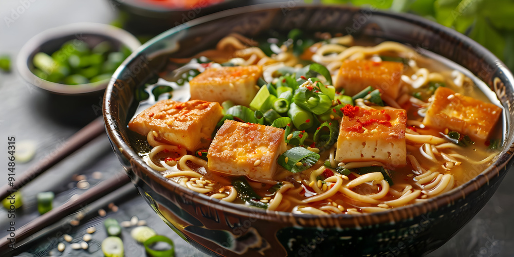 Tofu Ramen Noodle Soup Bowl, Japanese Cuisine, Food Photography Tofu Ramen Noodle Soup Bowl, Japanese Cuisine, Food Photography