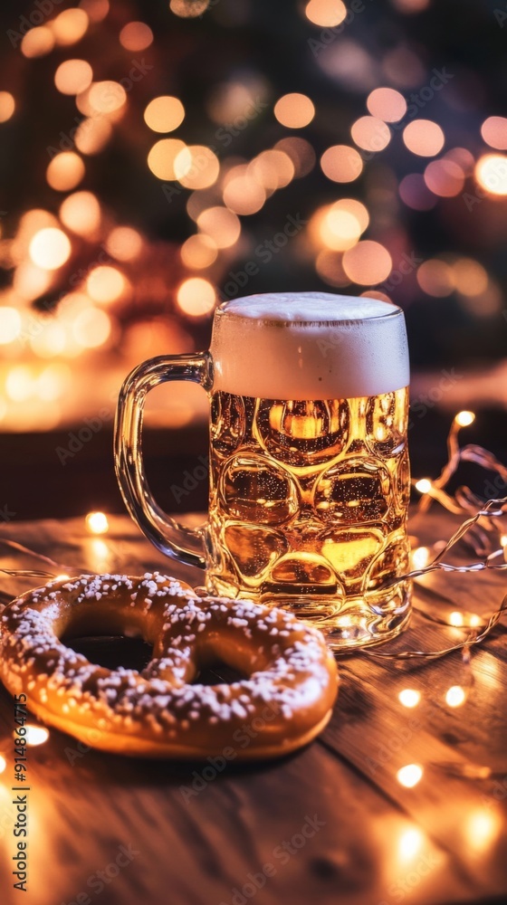 Oktoberfest Cheers: A Frothing Beer Stein and Crispy Pretzel on a Wooden Table, Illuminated by Cozy Festive Lights, Capturing the Essence of German Beer Culture. Oktoberfest Cheers: A Frothing Beer Stein and Crispy Pretzel on a Wooden Table, Illuminated by Cozy Festive Lights, Capturing the Essence of German Beer Culture.