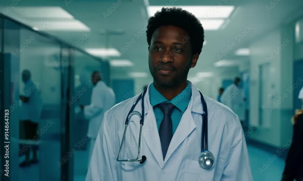 A confident doctor in a white coat with a stethoscope around his neck stands in a hospital hallway, exuding professionalism and calm. A confident doctor in a white coat with a stethoscope around his neck stands in a hospital hallway, exuding professionalism and calm.