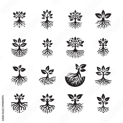 Tree root logo design, Tree and root icons set, symbol, silhouette of tree, logo style vector tree, tree roots vector icon