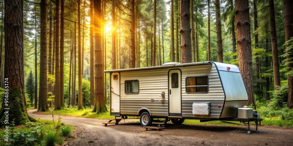 Travel trailer camping in the woods at a campground, travel trailer, camping, woods, campground, outdoor, nature, adventure Travel trailer camping in the woods at a campground, travel trailer, camping, woods, campground, outdoor, nature, adventure
