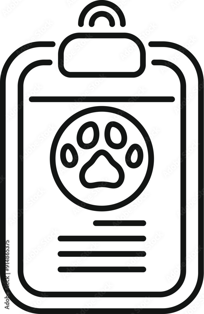 Line icon of a clipboard with a paw print, representing pet care management