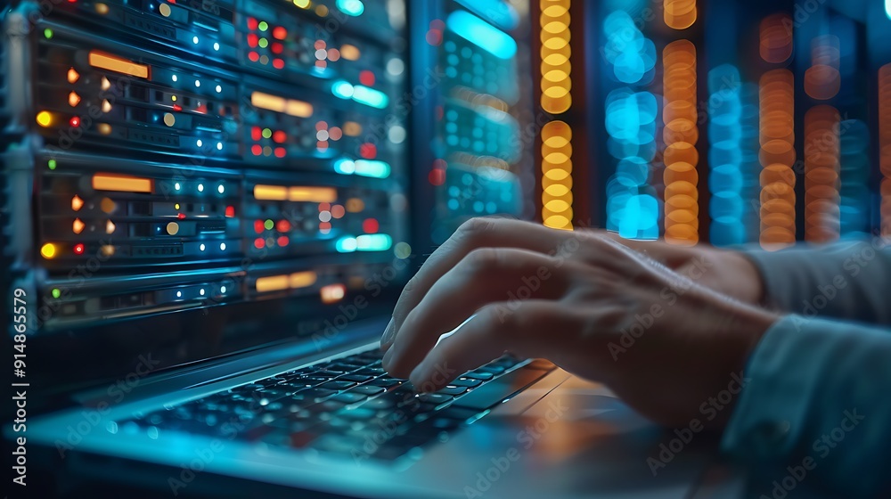 A close-up shot of an engineer's hands performing a software update on a laptop, intricate details of server components, dim server room lighting, sleek modern servers. Sharp focus, high clarity, A close-up shot of an engineer's hands performing a software update on a laptop, intricate details of server components, dim server room lighting, sleek modern servers. Sharp focus, high clarity,