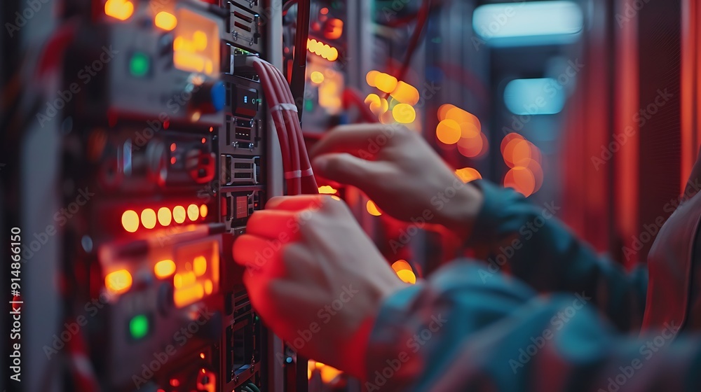 A close-up shot of an engineer's hands testing server power supplies, intricate details of power meters and cables, dim server room lighting, sleek modern servers. Sharp focus, high clarity, A close-up shot of an engineer's hands testing server power supplies, intricate details of power meters and cables, dim server room lighting, sleek modern servers. Sharp focus, high clarity,