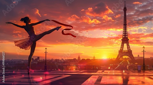 Fototapeta Naklejka Na Ścianę i Meble -  Ballerina Posing with Eiffel Tower at Sunset in Paris