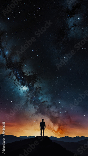 A thought-provoking minimalist photograph featuring a solitary figure gazing at an expansive starry sky. The dark silhouette against the cosmic backdrop symbolizes human introspection and our place