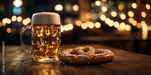 Oktoberfest Cheers: A Frothing Beer Stein and Crispy Pretzel on a Wooden Table, Illuminated by Cozy Festive Lights, Capturing the Essence of German Beer Culture. photo