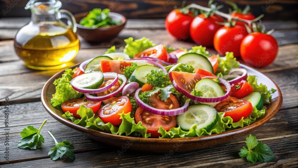 Fresh and healthy salad with tomatoes, cucumbers, onions, and lettuce drizzled with olive oil and vinegar , salad, healthy Fresh and healthy salad with tomatoes, cucumbers, onions, and lettuce drizzled with olive oil and vinegar , salad, healthy