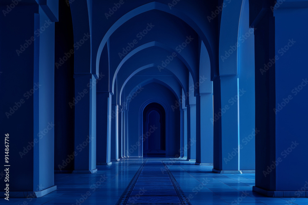 Ornate dark blue archway with intricate muslim patterns background Ornate dark blue archway with intricate muslim patterns background
