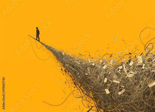 Businessman running away from mess chaos line. concept of find solution, thinking process and problem solving.
