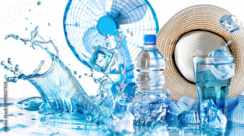 Summer heat danger concept. Water splashes, fan, hat, ice cubes and bottled water