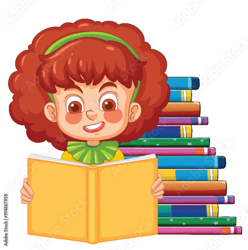 Girl Reading with Stack of Books
