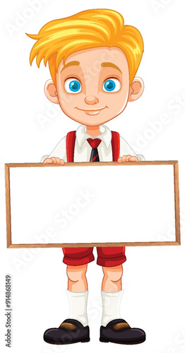 Boy Holding Blank Signboard