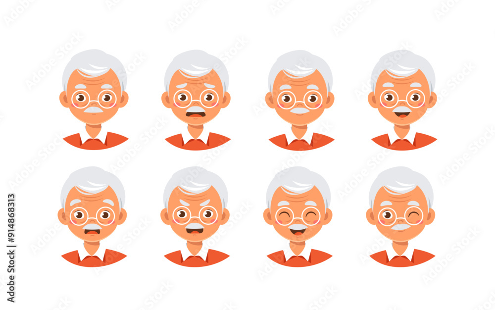 Old man constructor. Grandfather with different emotions and feelings. Kit for creating animations. Pack of heads and faces. Senior and pensioner. Flat vector collection Old man constructor. Grandfather with different emotions and feelings. Kit for creating animations. Pack of heads and faces. Senior and pensioner. Flat vector collection