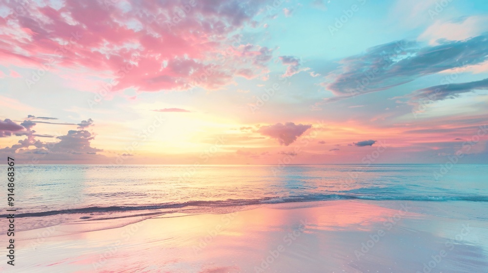 Fototapeta premium Beach and sea with a pastel sky, creating a serene and tranquil coastal scene.