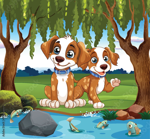 Playful Puppies by the Stream