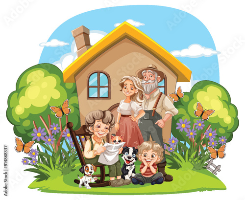 Happy Family with Dogs Outdoors