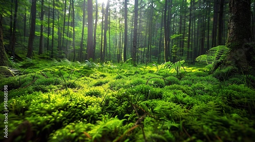 Lush forest floor covered in moss and ferns, representing ecosystem health, forest biosphere protection, forest floor biodiversity