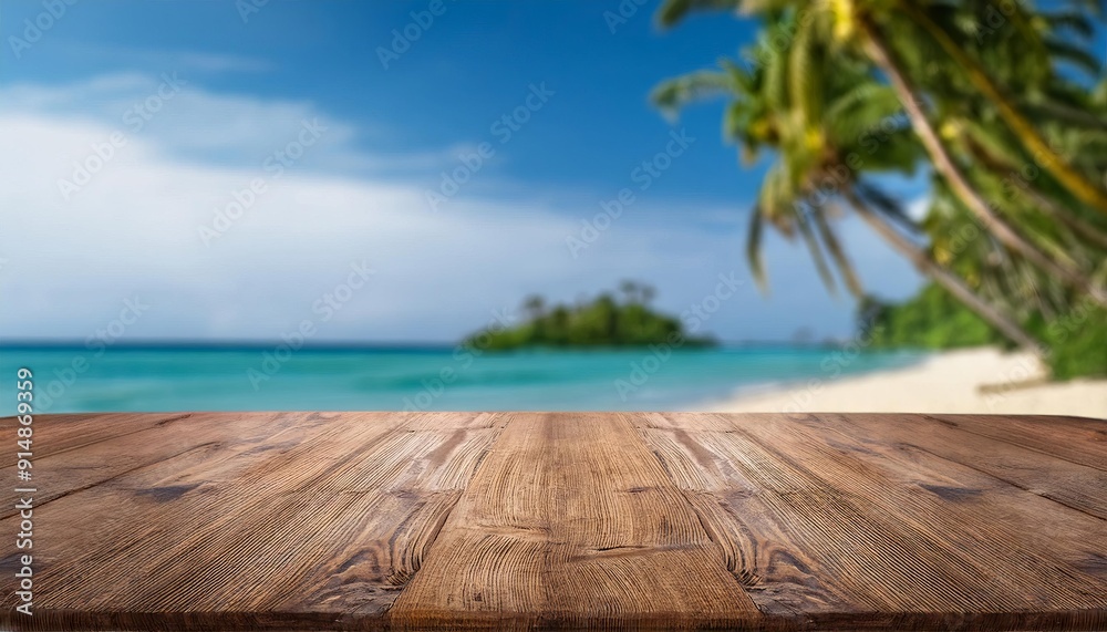 Fototapeta premium Polished wooden table for product display with a smooth, blurred background of a tropical beach with palm trees