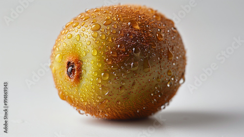 A single kiwi fruit with water droplets on it on a white background  © Pixora Labs