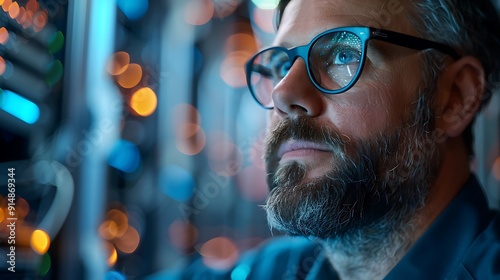 A high-tech photo of an engineer performing a software update, focused expression, detailed server equipment, organized cables in the background, modern server room. Blue and white lighting,