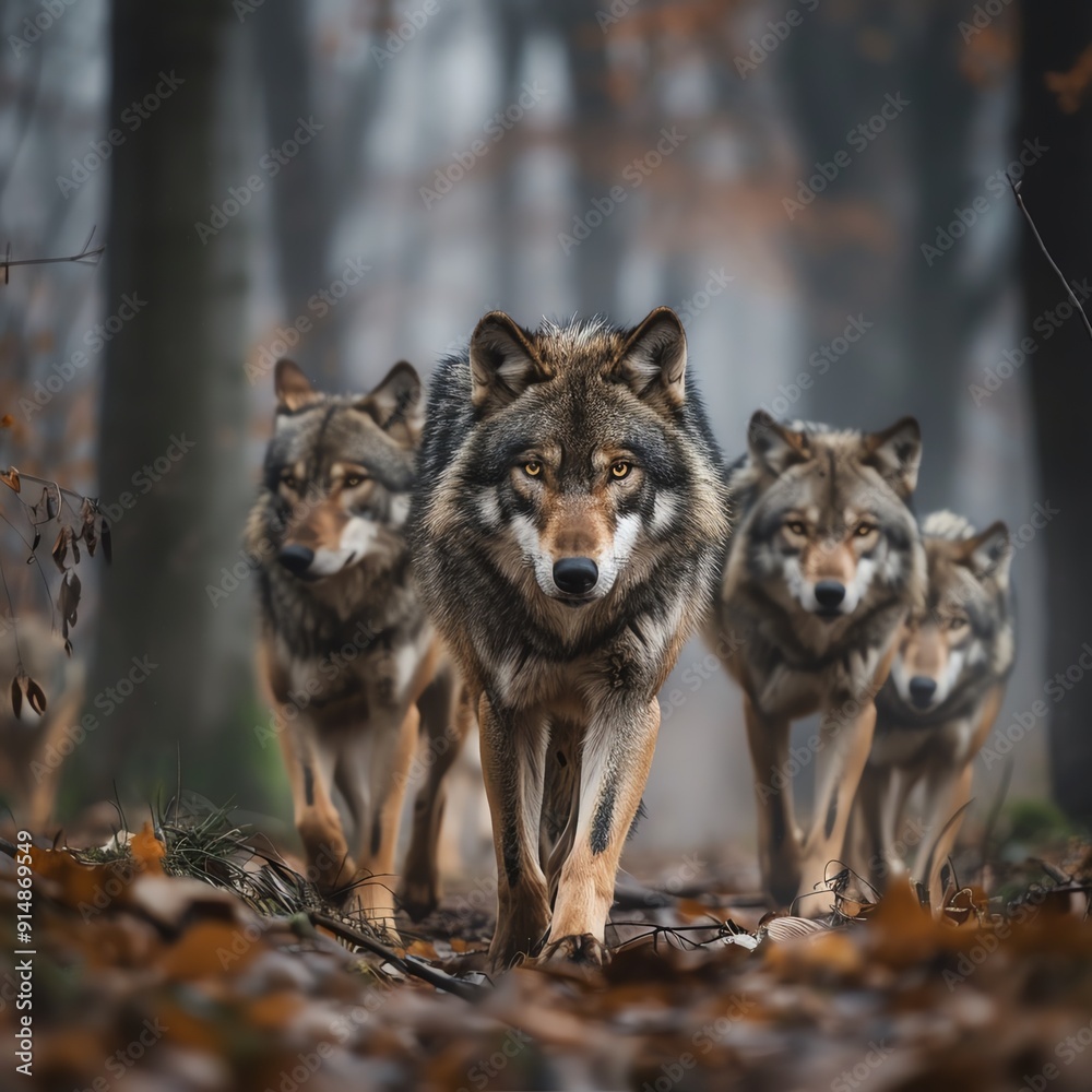 Wolves roaming freely in a protected forest reserve, forest biosphere protection, predator role Wolves roaming freely in a protected forest reserve, forest biosphere protection, predator role