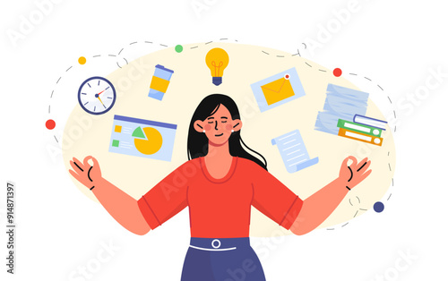 Woman with harmony at work. Young girl handles tasks calmly. Stress management and breathing practices, meditation in office. Mindfulness and awareness. Flat vector illustration