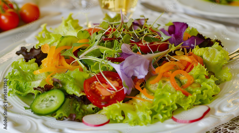 Fresh vegan salad with vibrant edible flowers and vegetables Fresh vegan salad with vibrant edible flowers and vegetables