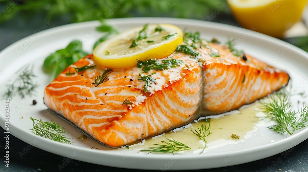 A fresh salmon fish, perfectly plated on a stylish dish, Generative AI A fresh salmon fish, perfectly plated on a stylish dish, Generative AI