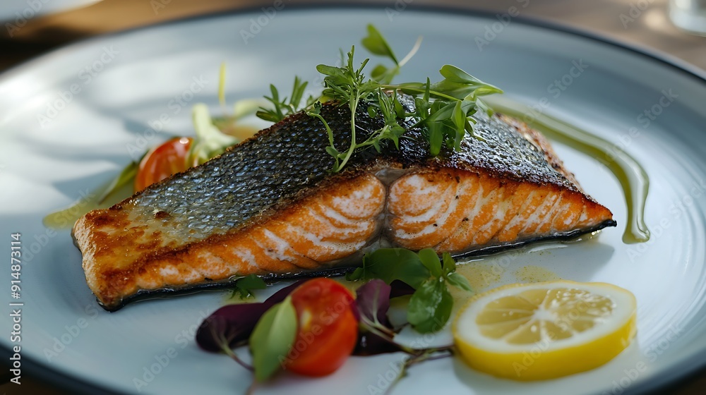 A fresh salmon fish, perfectly plated on a stylish dish, Generative AI A fresh salmon fish, perfectly plated on a stylish dish, Generative AI