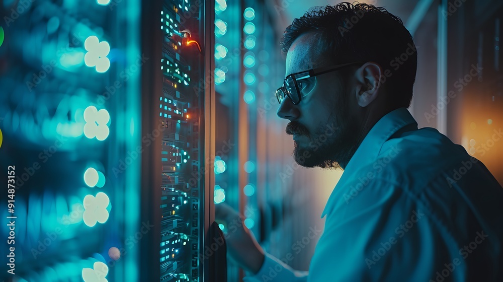 An engineer configuring virtual machines on the server, front view ...