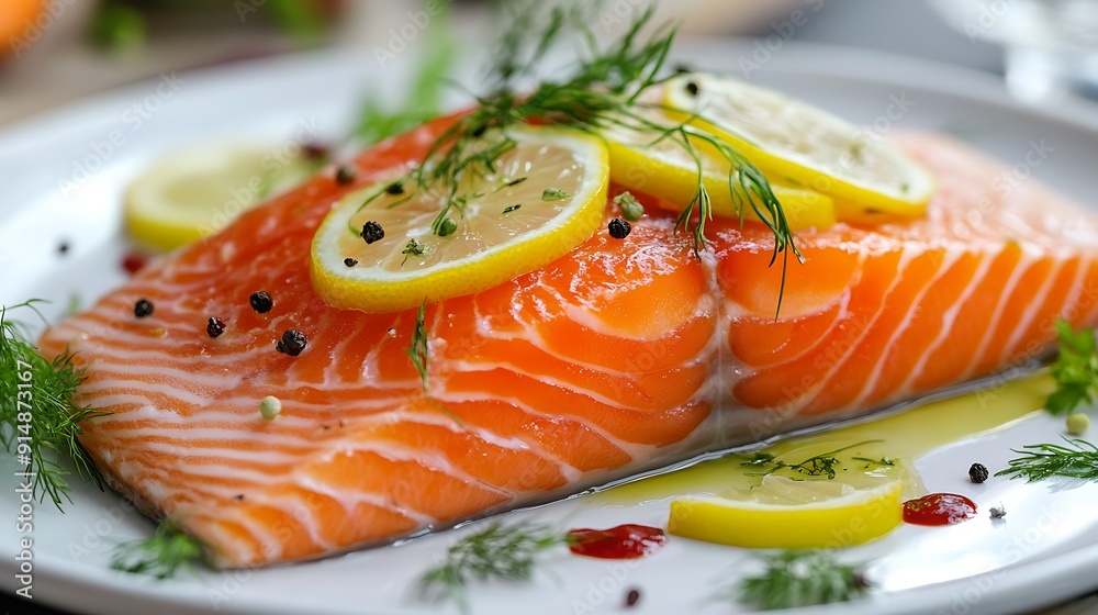 A fresh salmon fish, perfectly plated on a stylish dish, Generative AI A fresh salmon fish, perfectly plated on a stylish dish, Generative AI
