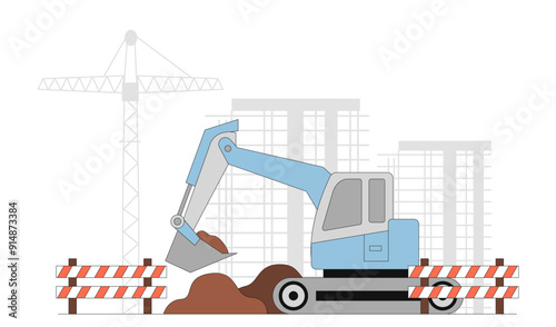 Industrial builder excavators. Construction and architecture, engineering. Tractor digs up soil and prepares ground for construction. Linear vector illustration